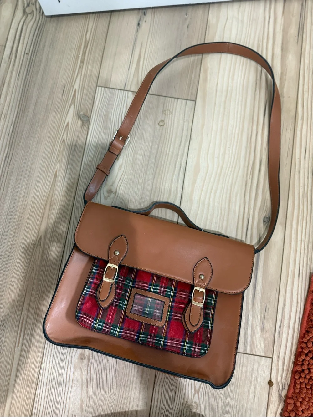 Archival Tan Leather Satchel with Red Tartan Front Pocket